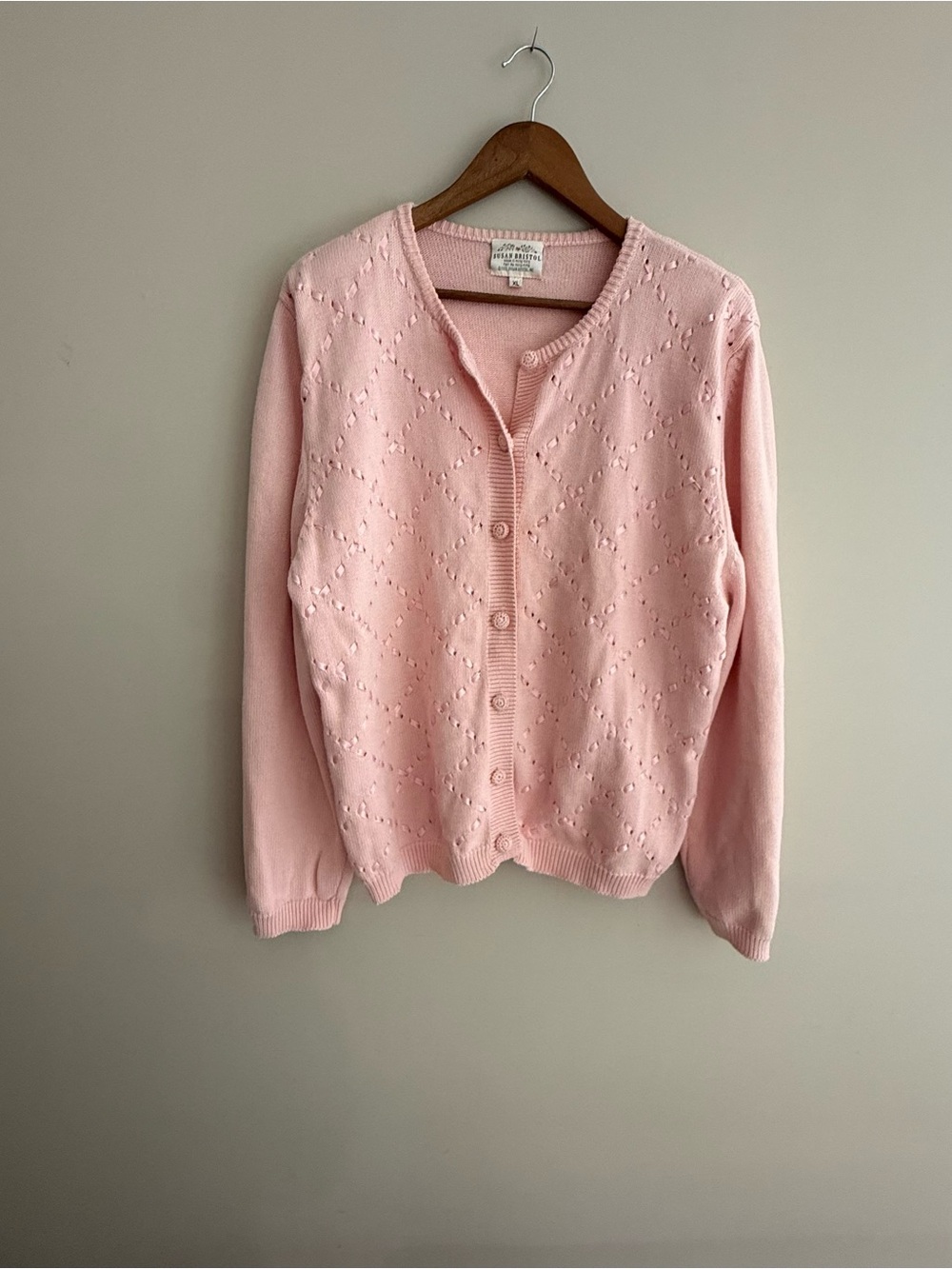 Vintage Susan Bristol Sweater Cardigan Pink Size Large Lace Knot Cotton